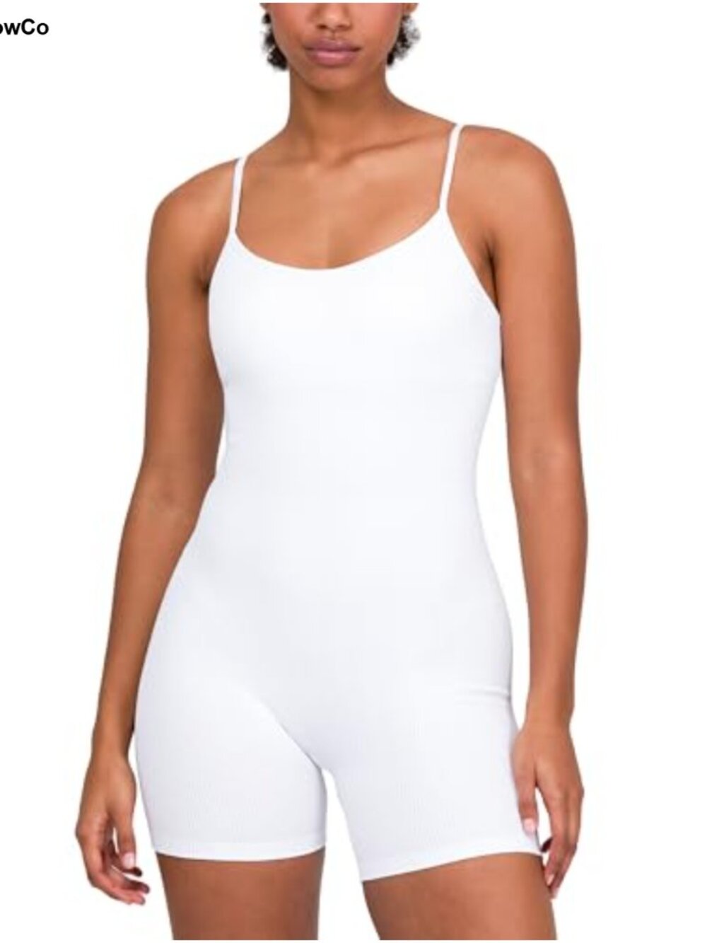 YITTY Seamless Ribbed Spaghetti Strap Short Jumpsuit with Built-In Bra